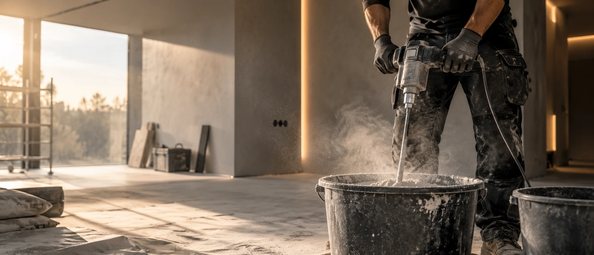 Verarbeitung eines Bodensystems mit Mischgerät auf einer Baustelle